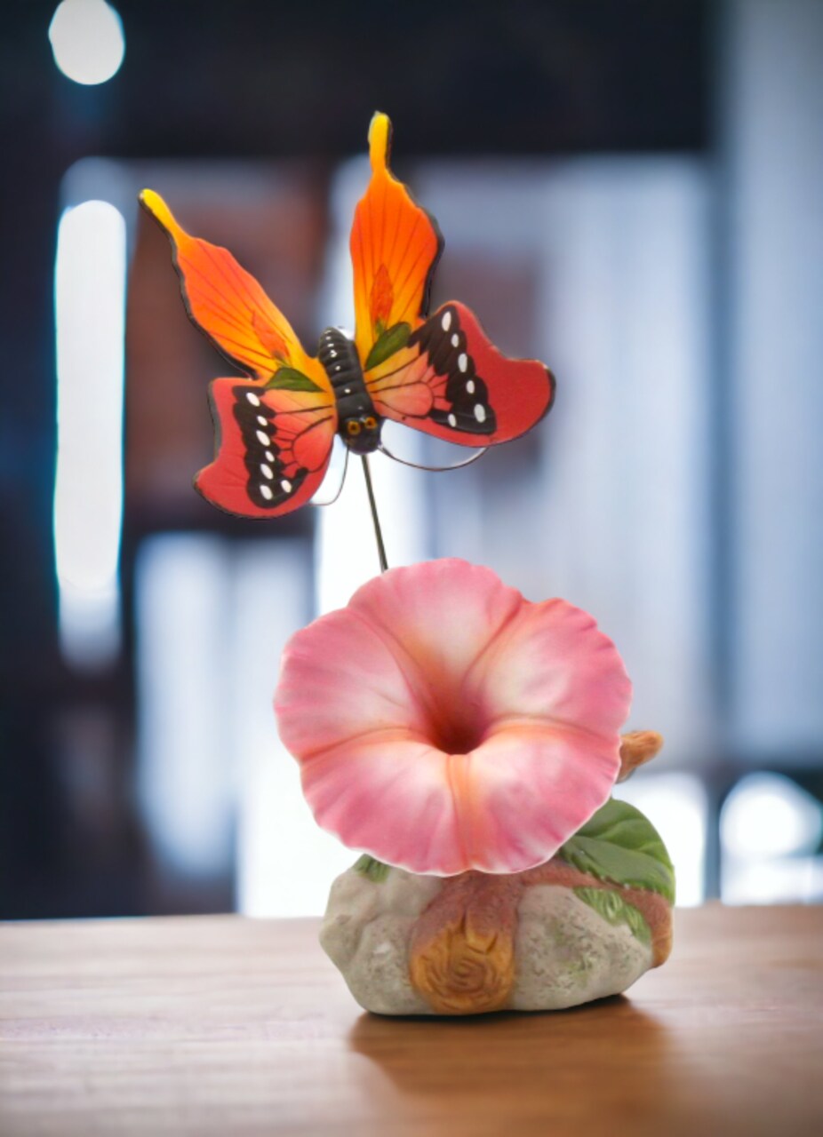 Ceramic Morning Glory Flower with Butterfly Figurine, Home Décor, Gift for Her, Gift for Mom, Nature Lover Gift